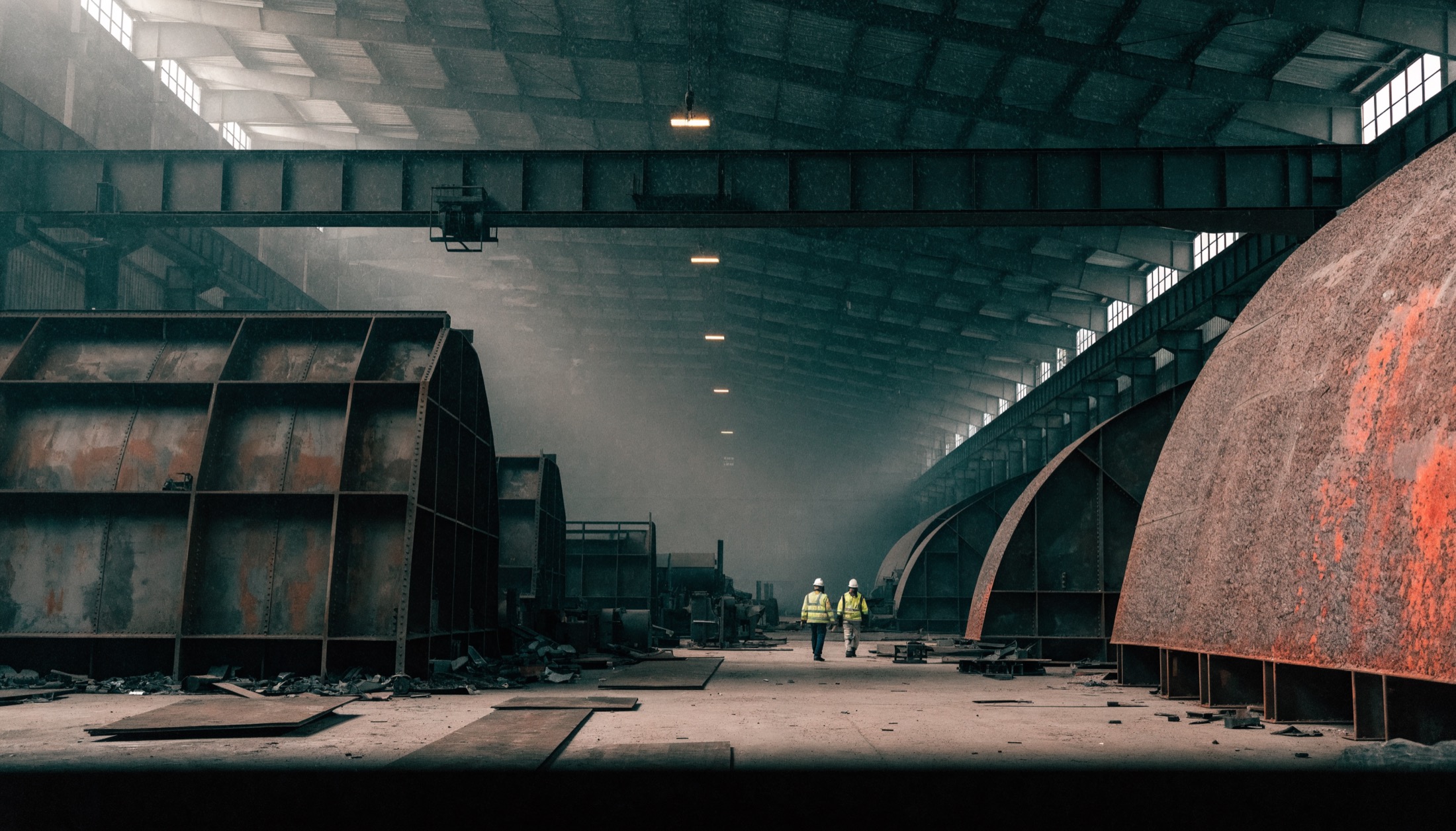 Interior of the Alfabs fabrication workshop: half-built plate girders under a gantry crane, two workers in hi-vis in the distance.