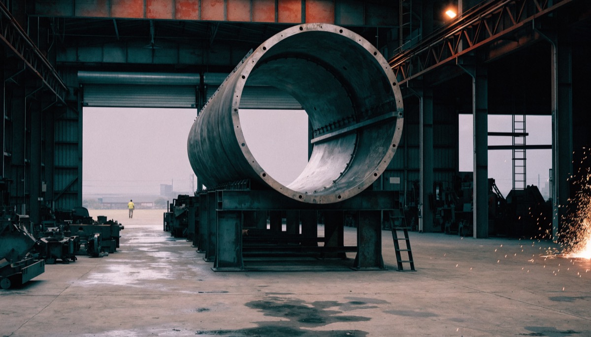 Mining equipment workshop with a partially assembled continuous miner shell on stands.