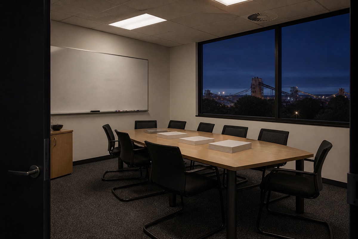 An empty meeting room in a regional industrial office at dusk, printed reports squared on the table.