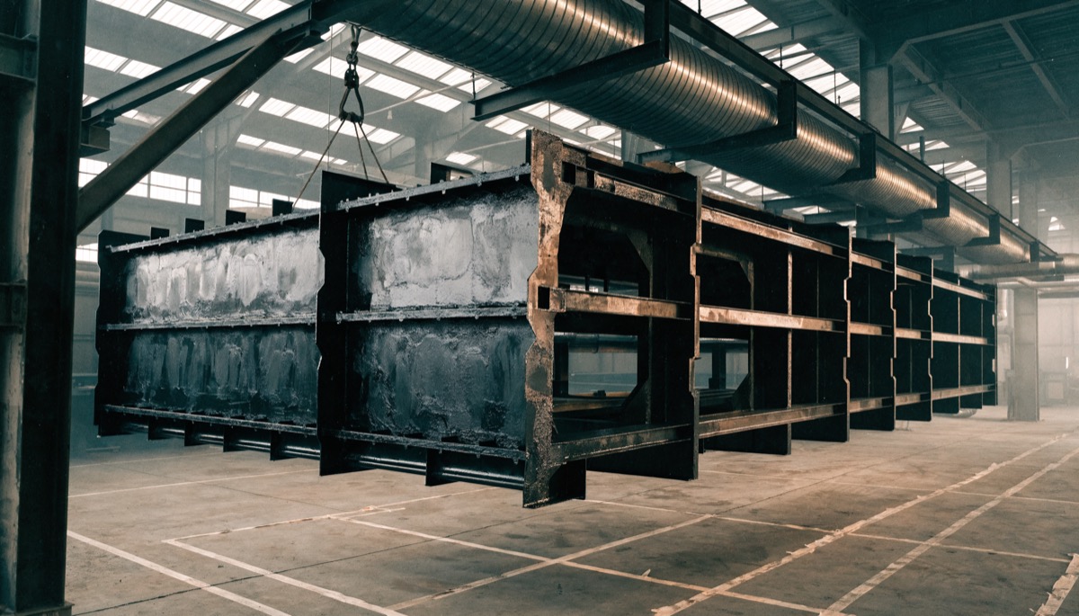 Protective coatings bay with a large steel structure half-coated on an overhead rail.